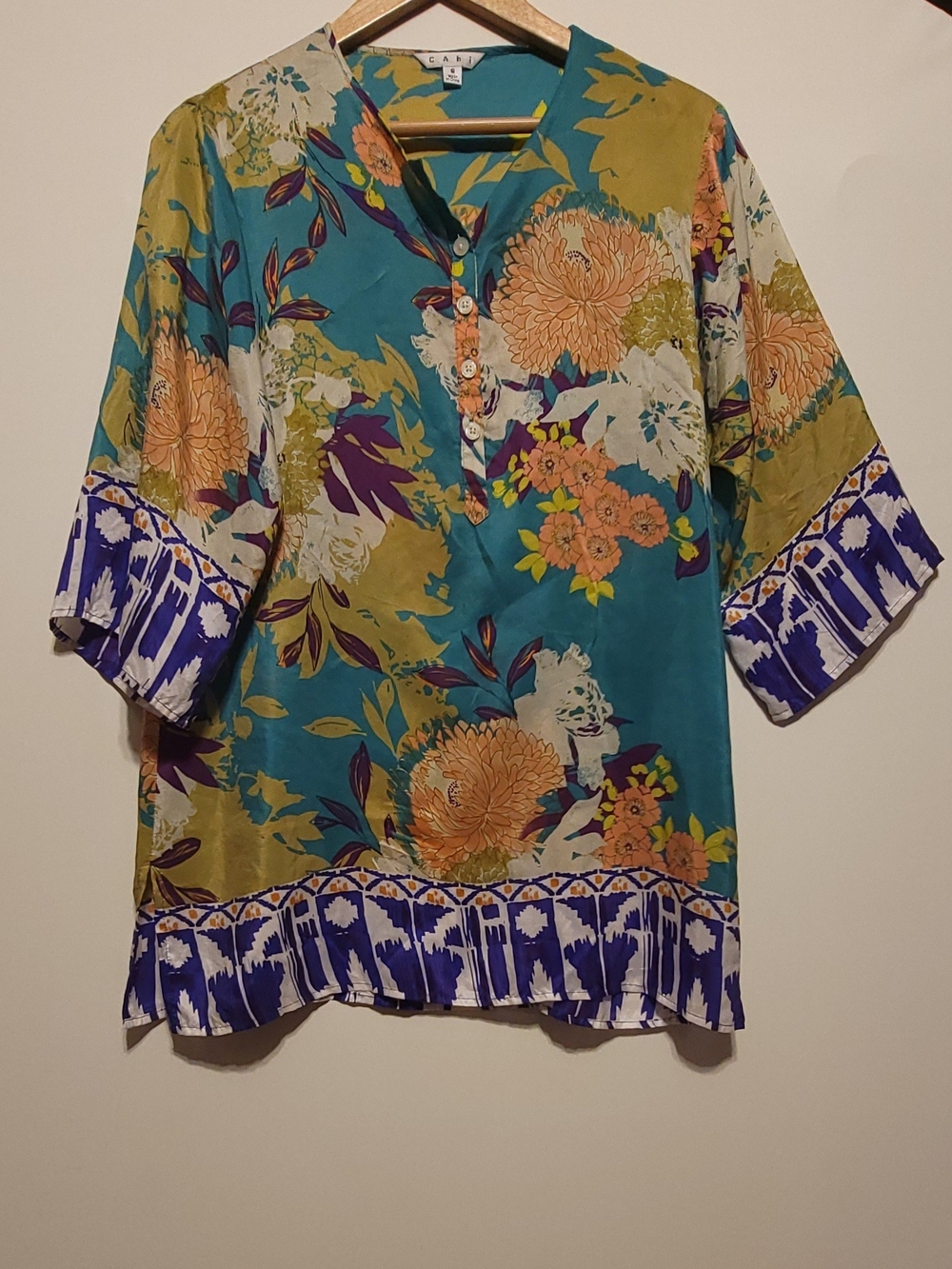 CAbi Teal Floral Henley Tunic with Orange Blooms Silk Size S